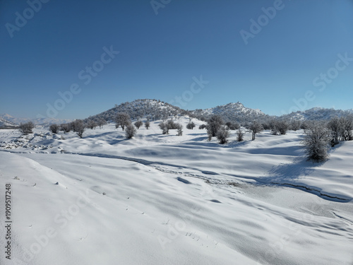 Wallpaper Mural Wide winter landscape with snow-covered hills, frosted trees, a small snowy stream, and distant mountains under a clear blue sky, reflecting calm untouched nature.  
📍Marivan, Kurdistan  Torontodigital.ca
