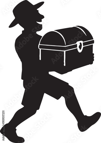 Silhouette of a man wear a shorts , hat and carry a treasure and happy in black and white silhouette vector with transparent background 