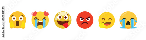 Emoji emoticon face expression icon set. Shocked, crying, angry, laughing and love reaction yellow vector isolated on white background.
