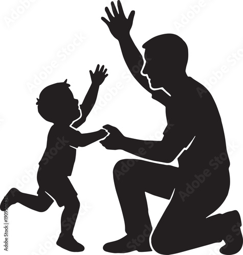Silhouette of a man and a child play together in black and white silhouette vector with transparent background 