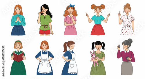 Collection of diverse women in various poses and attire standing in a neutral setting, viewed from a straightforward perspective, showcasing different expressions and clothing styles