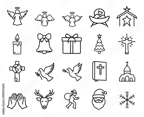 Christmas and Christian holiday outline icon set, religious nativity and winter celebration symbol, church bible and santa claus vector illustration with editable stroke.