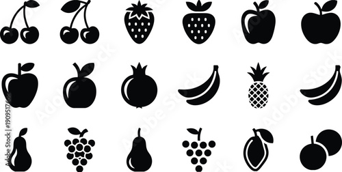 Fruit icon set, black silhouette fresh tropical and berry collection, healthy organic food symbols, grocery vector illustration isolated on white background
