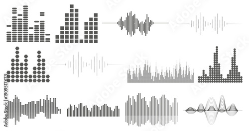 Podcast sound waves. Audio wave forms line, sound wave frequency or voice microphone signals. Music, podcast and broadcast and audio branding design. Sound wave