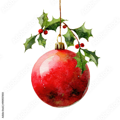 A vibrant watercolor ornament, adorned with holly, hangs against a black background