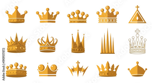 Collection of golden crowns and royal symbols arranged in a grid pattern, royalty elements, vector illustration, ornate designs