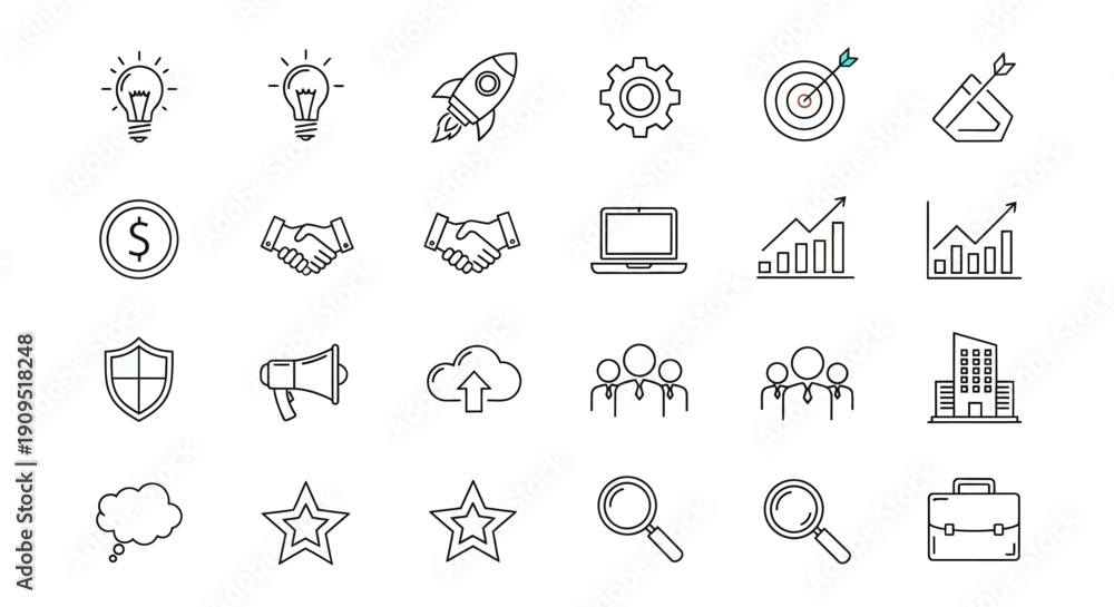 Fototapeta premium Collection of business and technology icons in a grid layout on a clean white background, showcasing various concepts like innovation and strategy