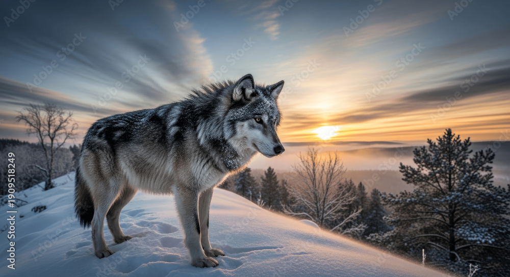 Fototapeta premium Alert Gray Wolf Overlooking Frozen Wilderness