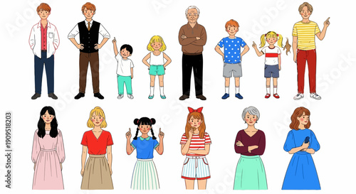 Diverse group of people in various poses and attire standing together in a collection of cartoon illustrations