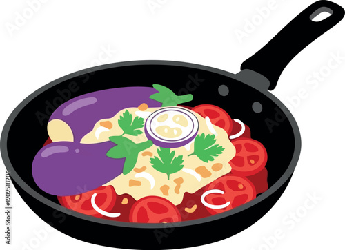 Vector Illustration of Ratatouille in Frying Pan with Eggplant, Tomato, Onion, and Herbs