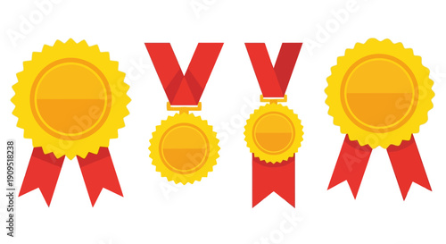 Collection of golden awards and medals with red ribbons displayed prominently in a clean white environment