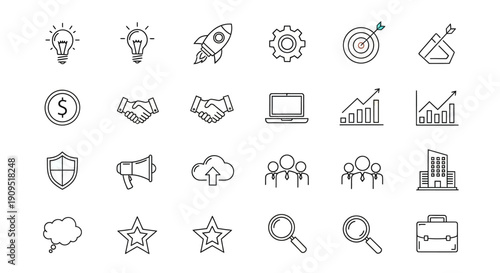 Collection of business and technology icons in a grid layout on a clean white background, showcasing various concepts like innovation and strategy