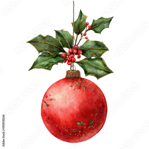 Watercolor depiction of a hanging red ornament adorned with holly and berries, on black