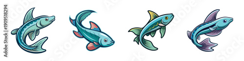 Collection of Glass Catfish Swim, Flat Design Vector Illustration