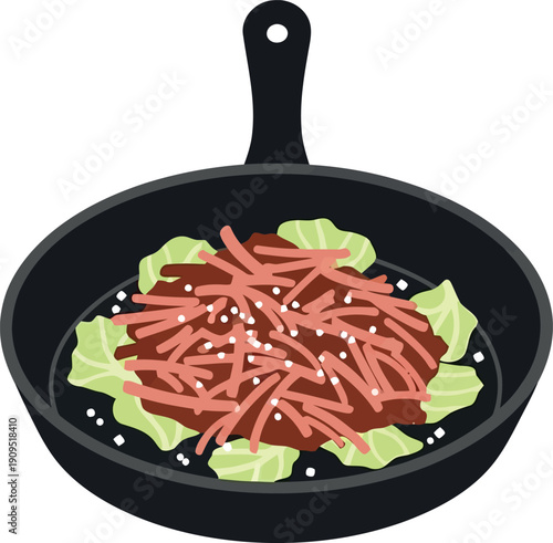 Japanese Sukiyaki Hot Pot Illustration in Cast Iron Skillet with Beef and Vegetables