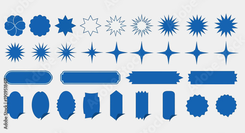 Collection of blue graphic elements including stars and shapes in various forms and sizes displayed on a clean background
