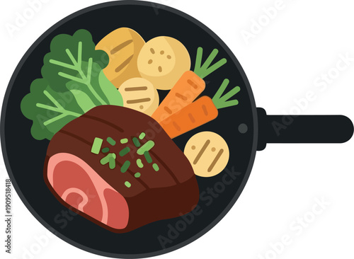 Vector Illustration of Roast Beef with Vegetables in Pan – Carrots, Potatoes, Broccoli, Flat Design