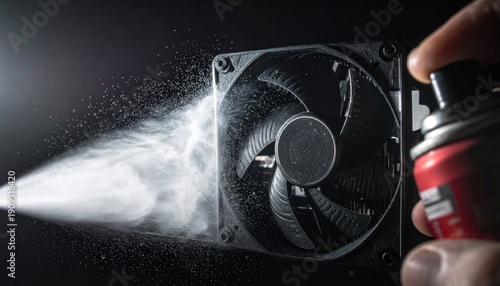 Cleaning a Computer Fan with Compressed Air for Maintenance.