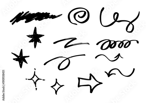 手描き風落書き装飾素材セット ラフな矢印・星・スウォッシュのベクターイラスト