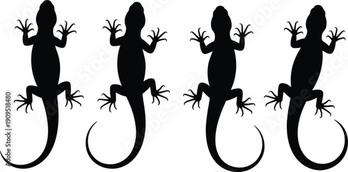 MobileGecko lizard silhouette set, black reptile vector illustration isolated on white background, climbing tropical animal design for logo, tattoo, stencil art