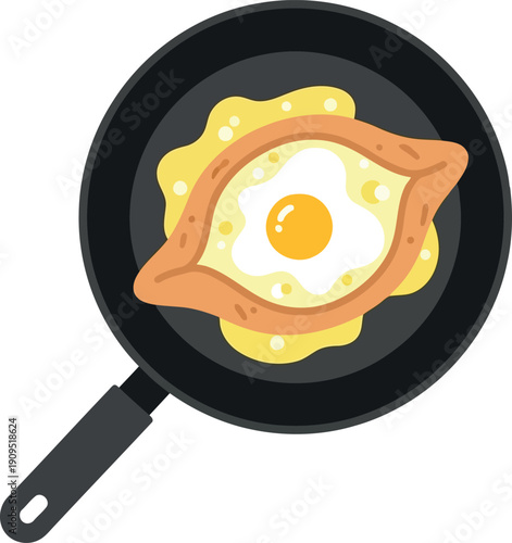 Vector illustration of Khachapuri Adjaruli with egg in frying pan, traditional Georgian cheese bread breakfast