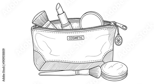 Makeup cosmetic bag with beauty products in line art style
