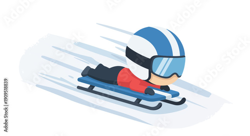 Cartoon skeleton sledder wearing helmet and goggles racing down snowy track, speed lines indicating motion