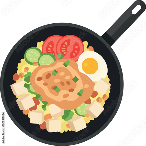 Indian Breakfast Frying Pan Illustration with Paratha, Paneer, Vegetables, and Fried Egg