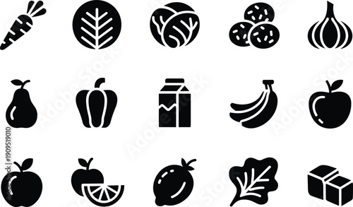 Healthy food icon set, black silhouette fruits vegetables and dairy collection, organic grocery nutrition symbols, fresh market vector illustration isolated on white background
