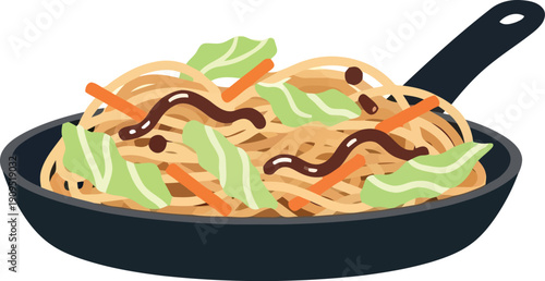 Vector Illustration of Japanese Yakisoba Noodles with Vegetables in Frying Pan, Asian Street Food Concept