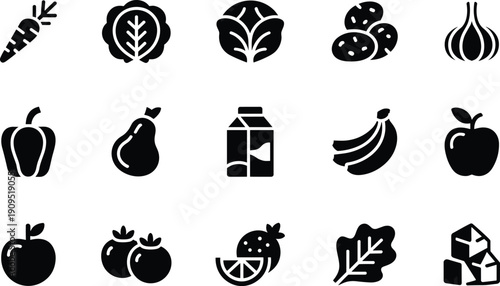 Healthy food icon set, black silhouette fruits vegetables and dairy collection, organic nutrition symbols, fresh grocery vector illustration isolated on white background