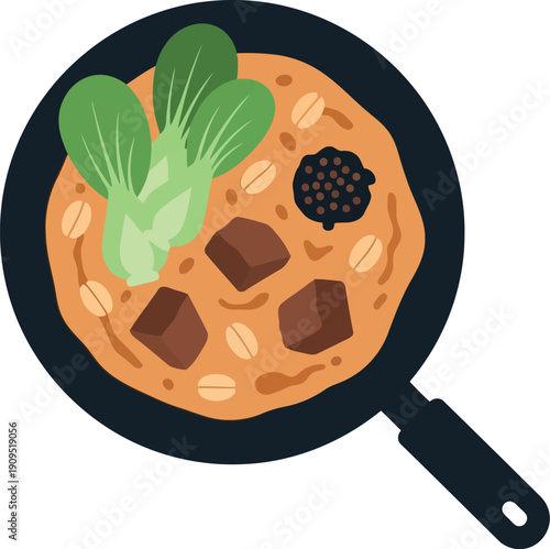 Vector Illustration of Asian Hot Pot with Bok Choy, Tofu, and Mushrooms in Skillet