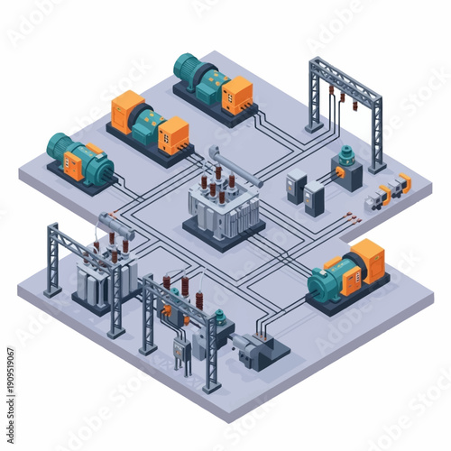 Isometric illustration of an industrial facility with machinery and equipment.