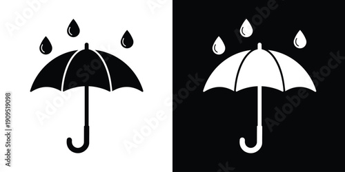 Umbrella with rain drops icon. Vector illustration for weather forecasting, insurance protection, and safety concepts. Clean black and white symbols for apps and graphic design.