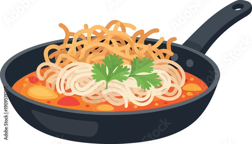 Khao Soi Thai Noodle Soup in Pan with Crispy Noodles and Fresh Cilantro Illustration