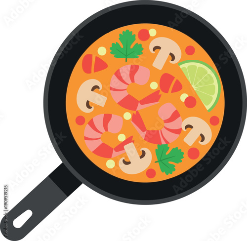 Vector Illustration of Spanish Seafood Paella with Shrimp, Mushrooms, Lime, and Herbs in Pan