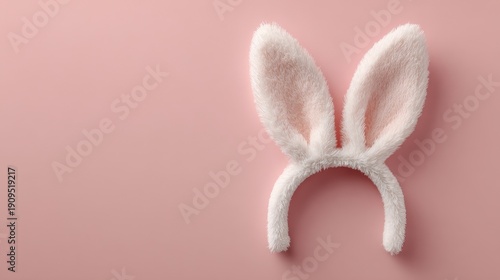 Minimalist fluffy white bunny ears headband on a soft pink background.