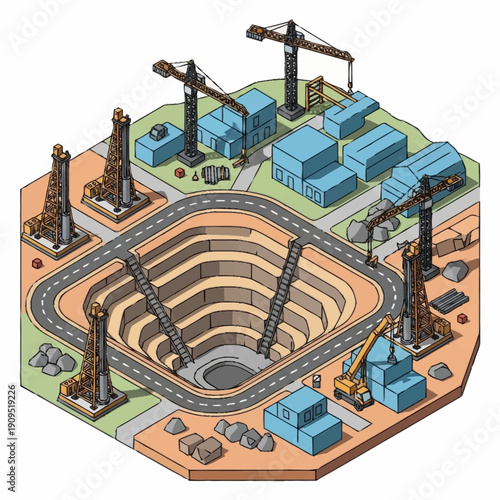 Isometric illustration of an open pit mine with industrial equipment and infrastructure.