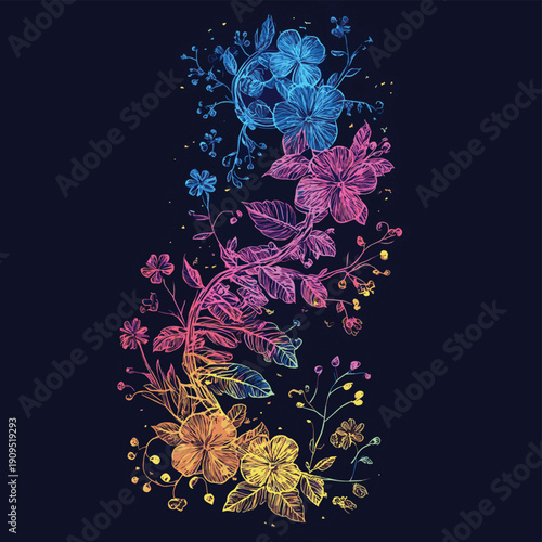 Genetic code floral. Sketch scratch board imitation color. , vector style simple color