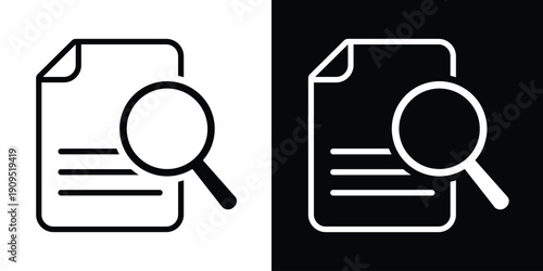 Document with magnifying glass icon. Represents file search, data analysis, and information review. Linear vector design for business auditing, research, and document management.