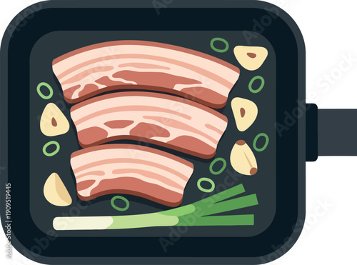 Vector Illustration of Korean Samgyeopsal Pork Belly Grilling with Garlic and Green Onions in Pan