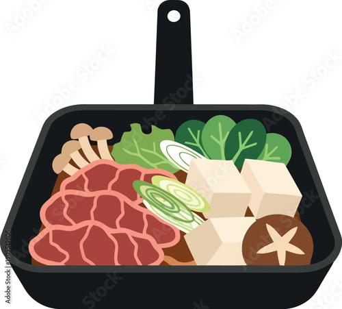 Japanese Sukiyaki Hot Pot Illustration with Beef, Tofu, Mushrooms, and Vegetables in Pan