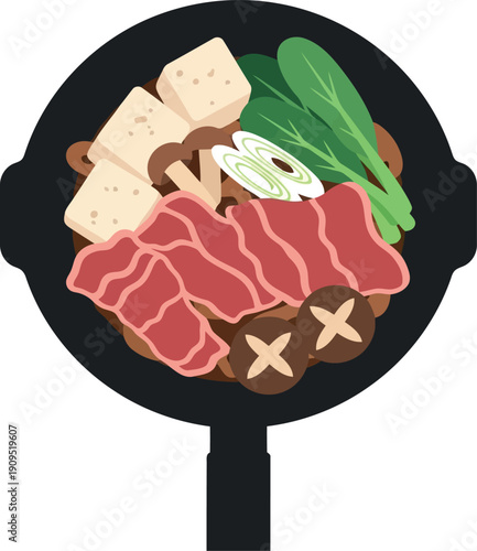 Japanese Sukiyaki Hot Pot Illustration with Beef, Tofu, Mushrooms, and Vegetables in Flat Design