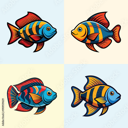 Four Colorful Oscar Fish Aquarium Pets, Flat Design Vector Illustration