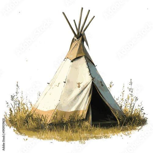 A digital painting or illustration depicts a small teepee-style tent situated in a grassy meadow against a white background