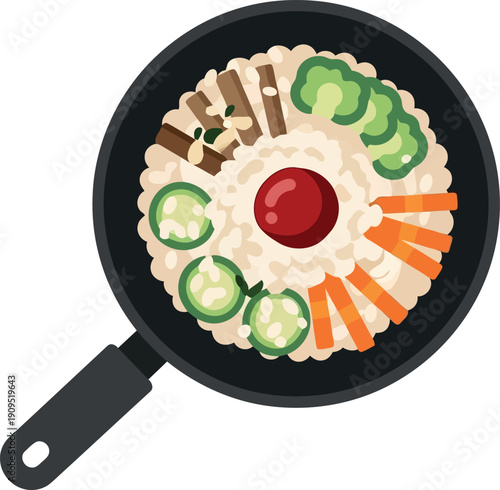 Vector Illustration of Korean Bibimbap in Frying Pan with Vegetables and Rice, Top View