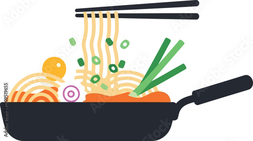 Vector Illustration of Asian Ramen Noodles in Bowl with Chopsticks and Fresh Vegetables