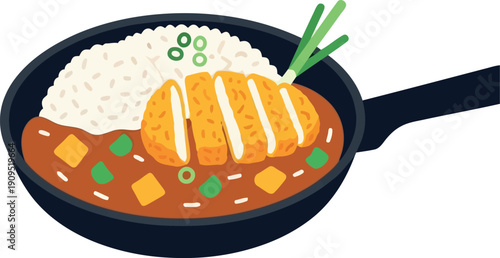 Japanese Katsu Curry Rice Illustration in Frying Pan – Crispy Pork Cutlet with Curry Sauce and Steamed Rice