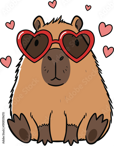 Cute capybara wearing red heart shaped sunglasses surrounded by floating hearts