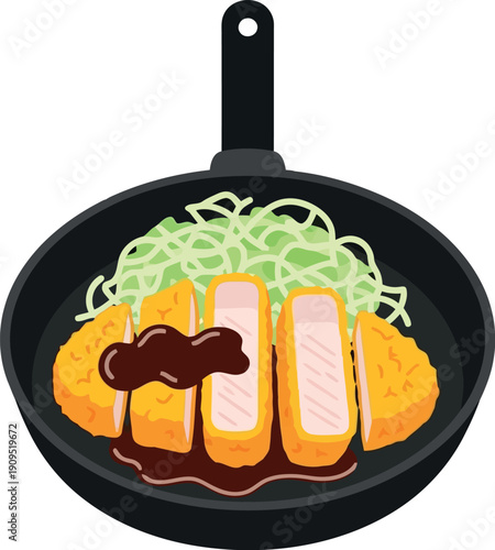 Japanese Tonkatsu Pork Cutlet with Shredded Cabbage in Frying Pan Vector Illustration